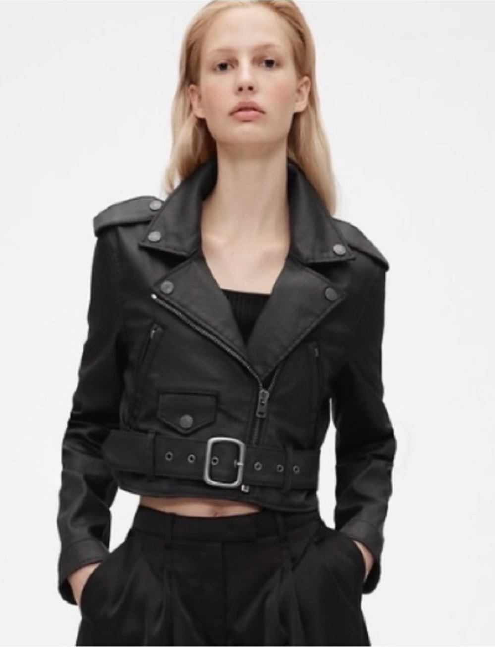 GapStudio x Zac Posen Coated Denim Crop Black Moto Jacket